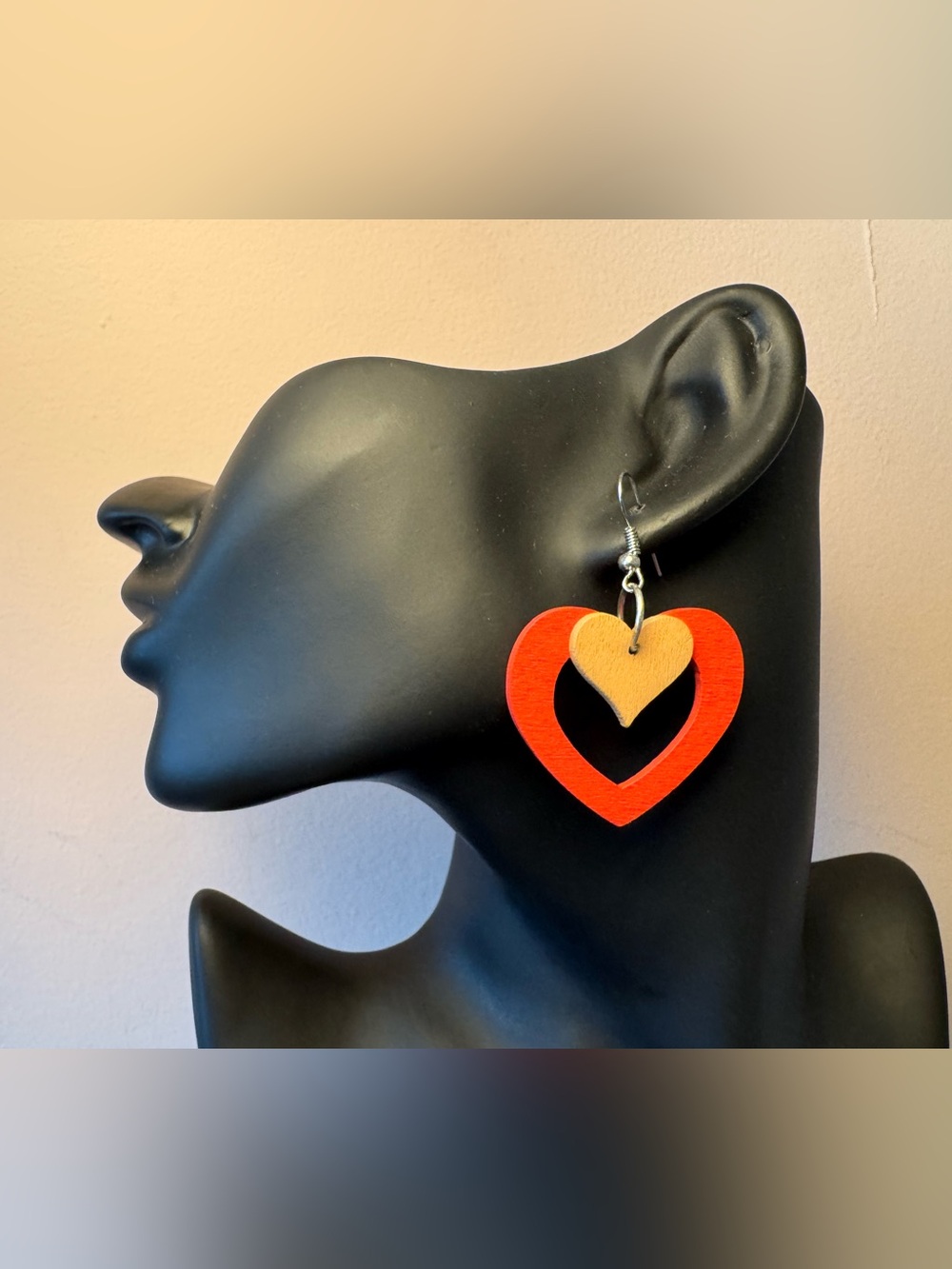 Red and Tan Heart Drop Earrings